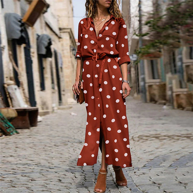 Women's Shirt Dress Maxi long Dress Winter Dress Daily Date Polyester Fashion Elegant Shirt Collar Print Long Sleeve Summer Spring Fall 2022 Regular Fit Black Army Green Red Polka Dot Round Dots S M