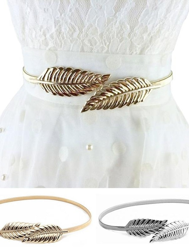 Women's Skinny Belt Nylon Metal Bucke Leaf Decor Classic Wedding Party Silver Golden 2# leaves Silver 2# leaves Gold - LuckyFash™