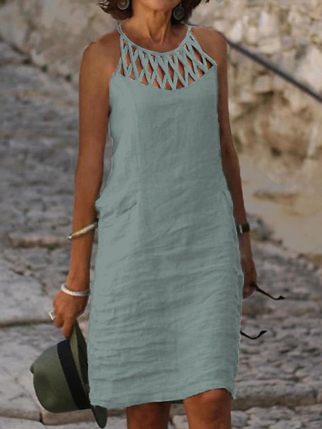 Women's Casual Dress Cotton Linen Dress Shift Dress Mini Dress Cotton Blend Modern Casual Outdoor Daily Vacation Halter Ruched Hollow Out Sleeveless Summer Spring 2023 Regular Fit Black White Blue - LuckyFash™