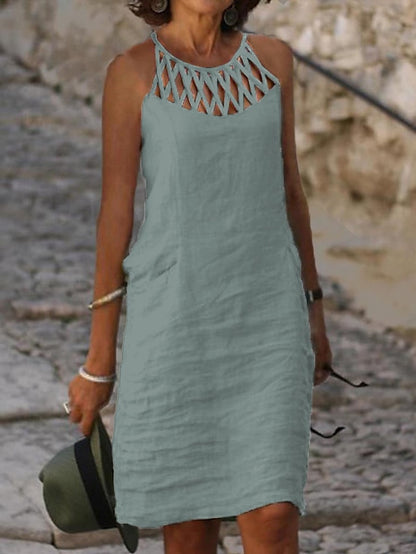 Women's Casual Dress Cotton Linen Dress Shift Dress Mini Dress Cotton Blend Modern Casual Outdoor Daily Vacation Halter Ruched Hollow Out Sleeveless Summer Spring 2023 Regular Fit Black White Blue - LuckyFash™