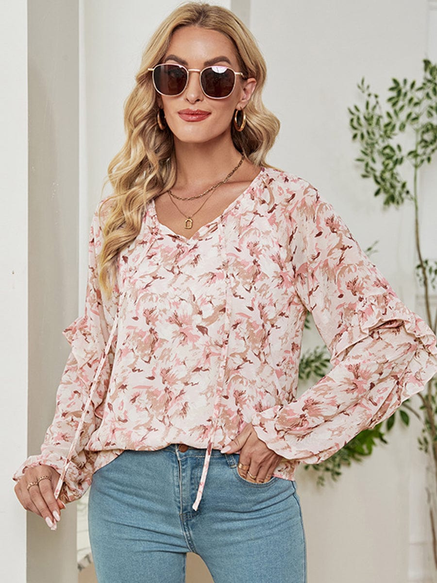 Long Sleeve Floral Printed Loose Chiffon T-Shirt