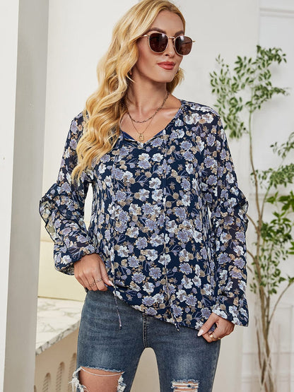 Long Sleeve Floral Printed Loose Chiffon T-Shirt