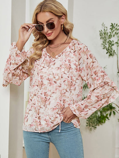 Long Sleeve Floral Printed Loose Chiffon T-Shirt