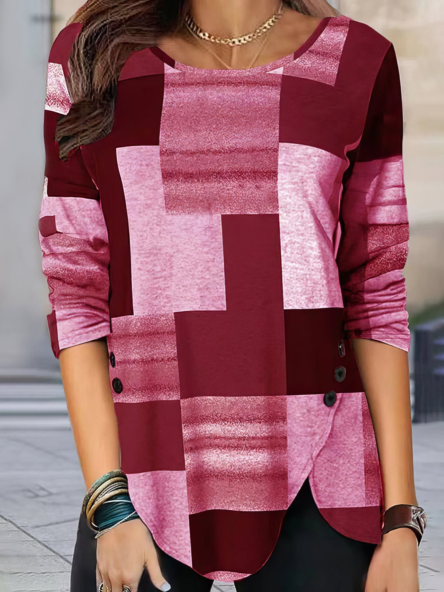 Loose Fit Plaid Round Neck Long Sleeve Tee