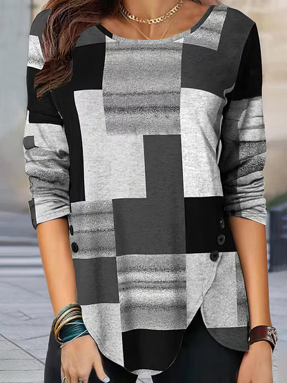 Loose Fit Plaid Round Neck Long Sleeve Tee