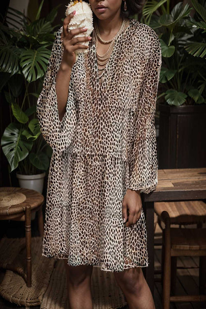 loose leopard print v neck dress drop shoulder a line closed cape paneled 123149