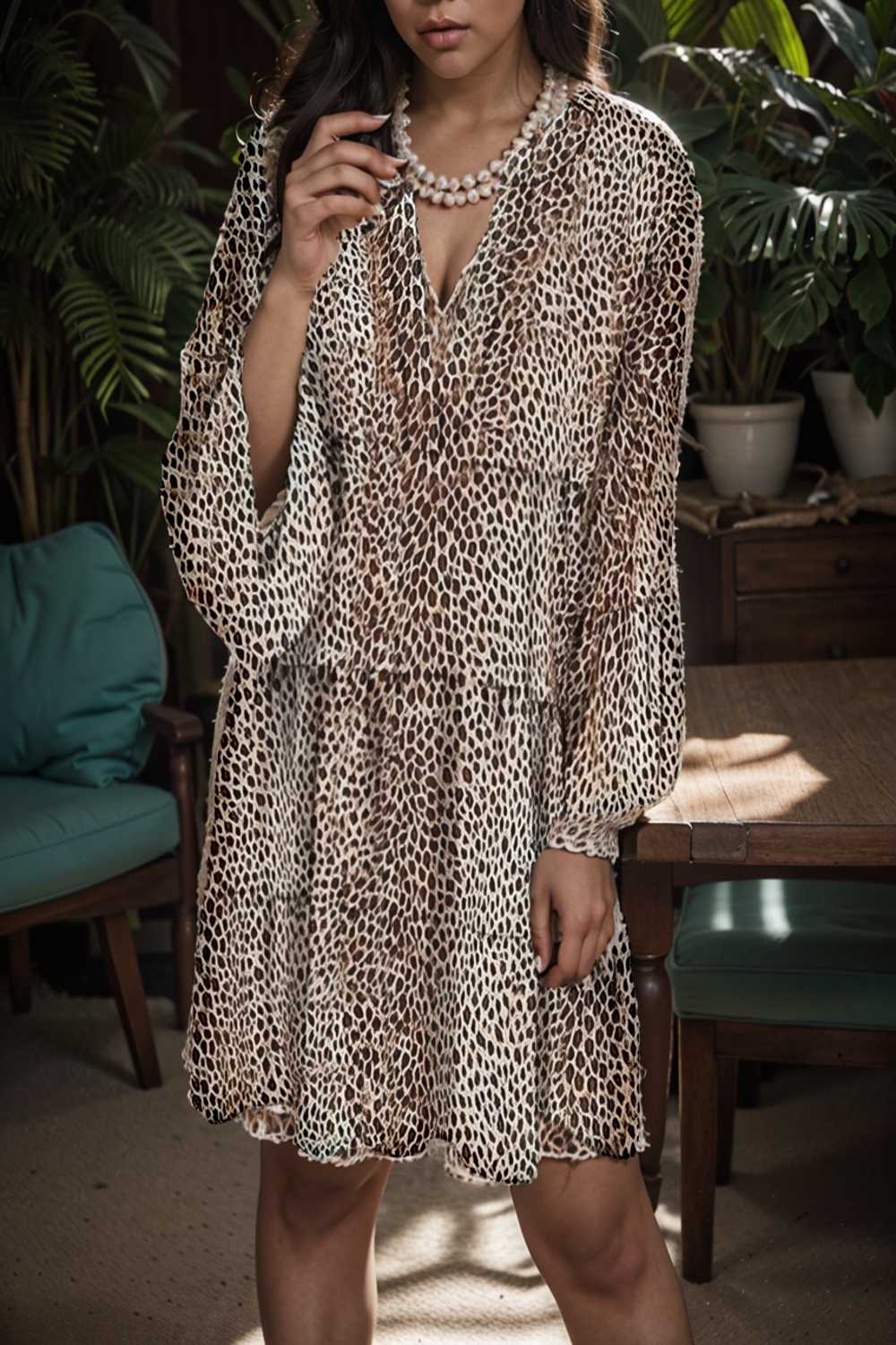 loose leopard print v neck dress drop shoulder a line closed cape paneled 145166