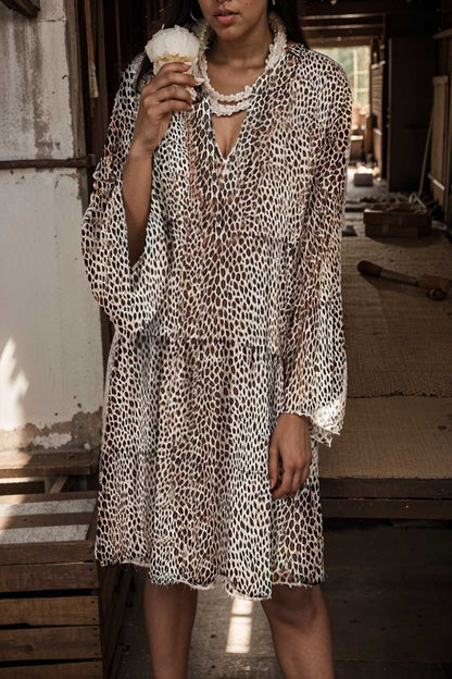 loose leopard print v neck dress drop shoulder a line closed cape paneled 126992