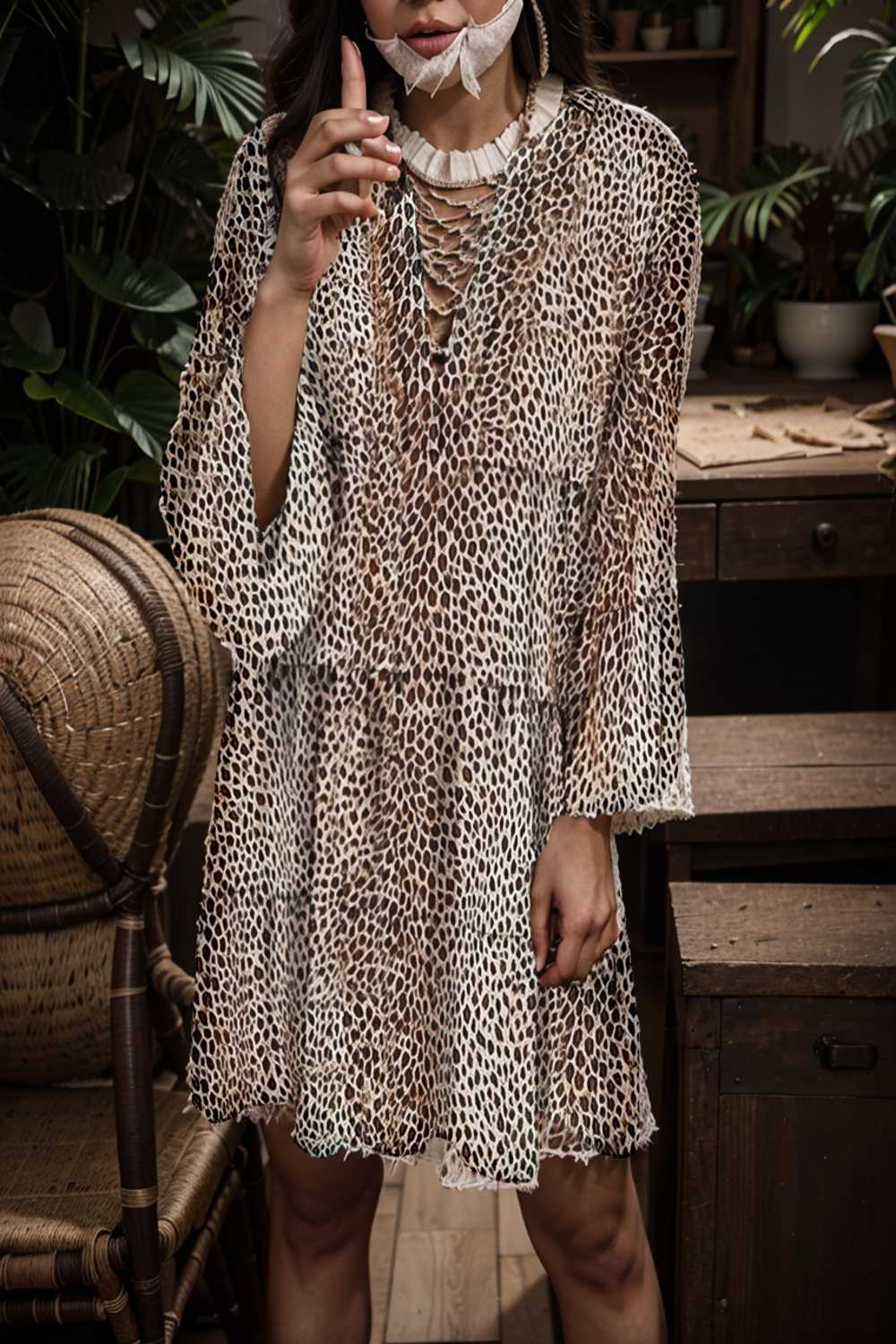 loose leopard print v neck dress drop shoulder a line closed cape paneled 127579