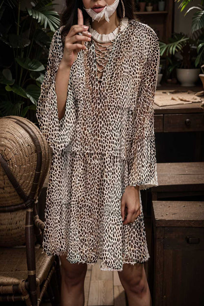 loose leopard print v neck dress drop shoulder a line closed cape paneled 127579