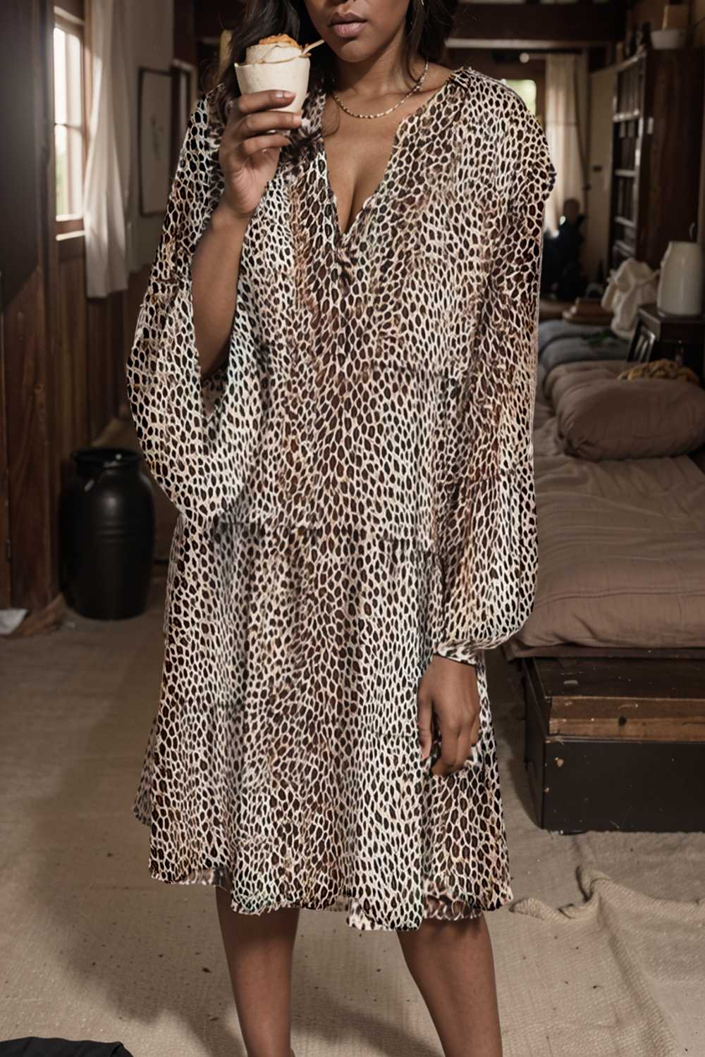 loose leopard print v neck dress drop shoulder a line closed cape paneled 132966