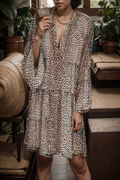 loose leopard print v neck dress drop shoulder a line closed cape paneled 122874