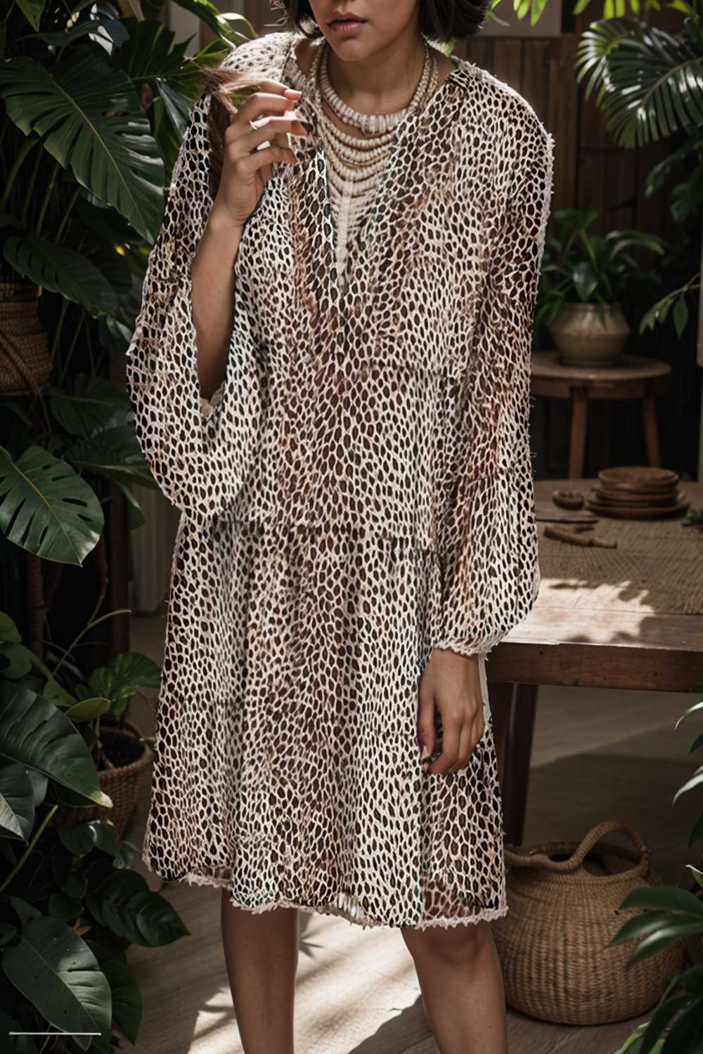 loose leopard print v neck dress drop shoulder a line closed cape paneled 106647