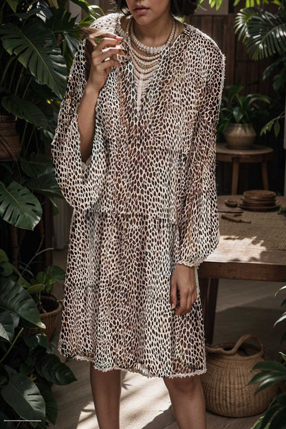 loose leopard print v neck dress drop shoulder a line closed cape paneled 106647
