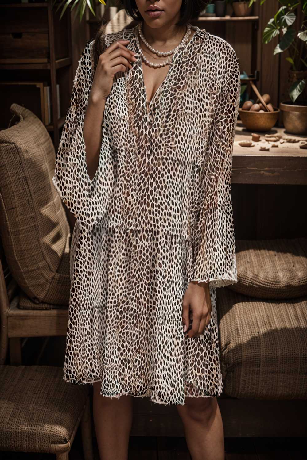 loose leopard print v neck dress drop shoulder a line closed cape paneled 131201