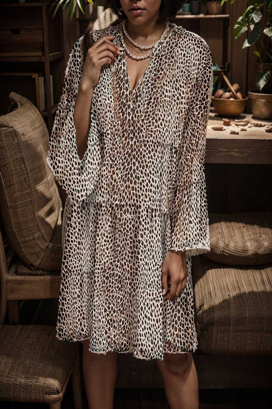 loose leopard print v neck dress drop shoulder a line closed cape paneled 131201