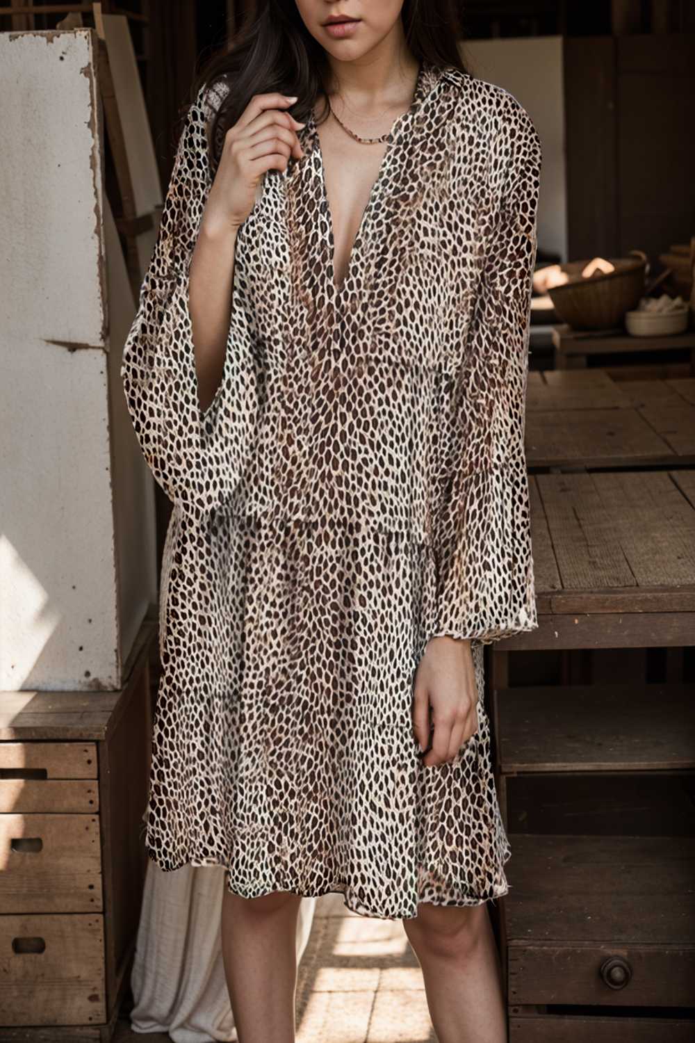 loose leopard print v neck dress drop shoulder a line closed cape paneled 104837
