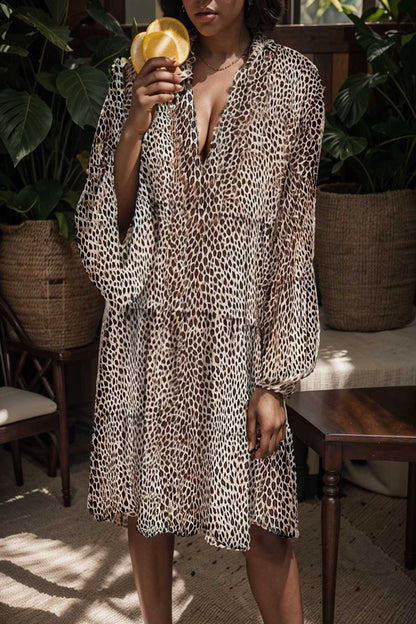 loose leopard print v neck dress drop shoulder a line closed cape paneled 110883