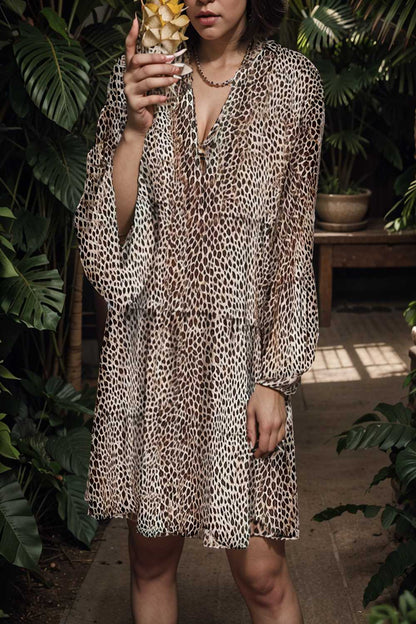 loose leopard print v neck dress drop shoulder a line closed cape paneled 107374