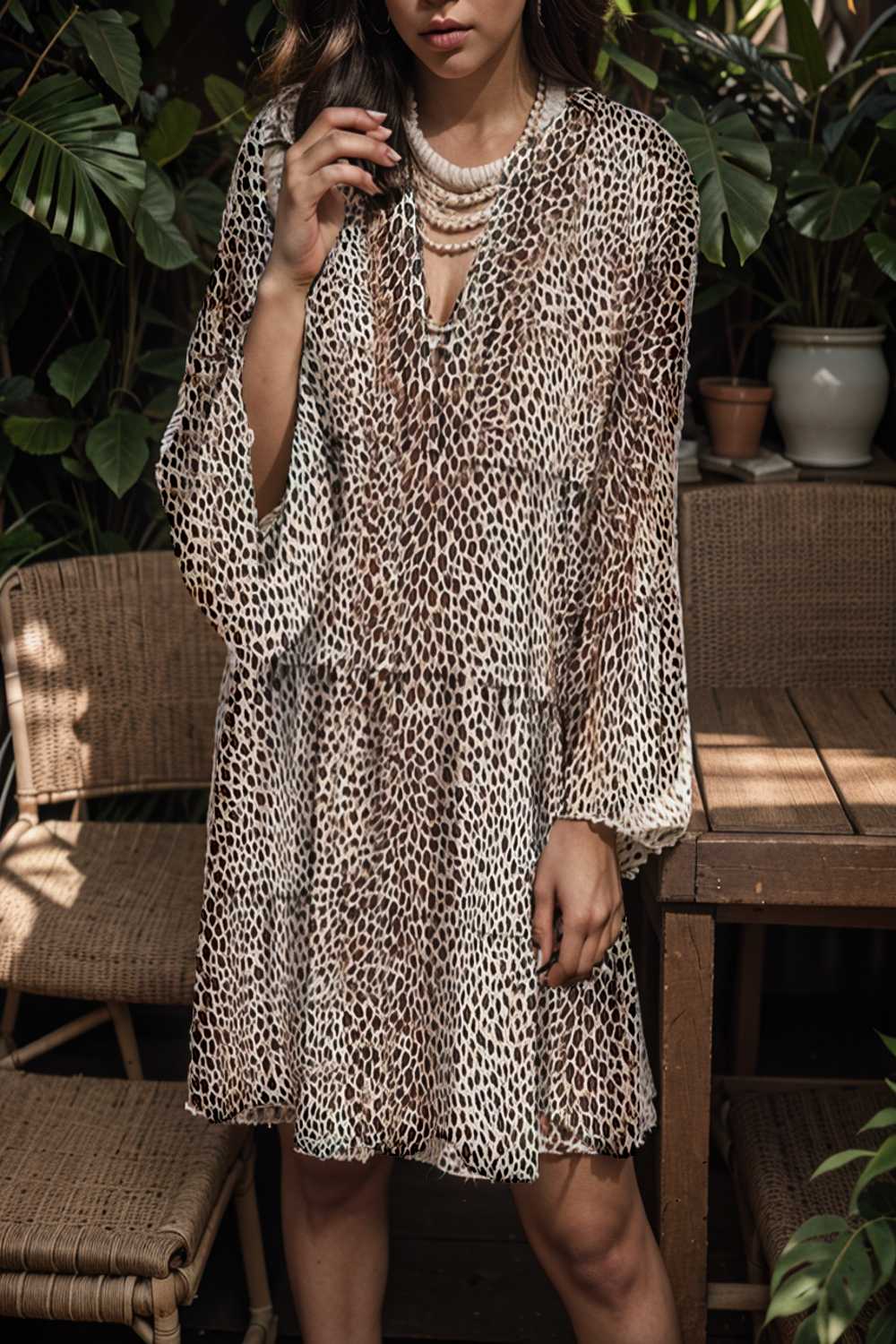 loose leopard print v neck dress drop shoulder a line closed cape paneled 131740