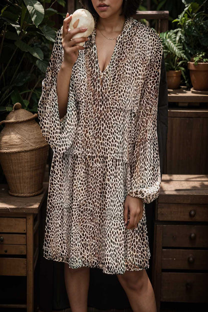 loose leopard print v neck dress drop shoulder a line closed cape paneled 108985