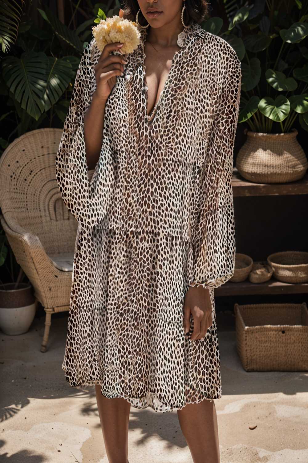 loose leopard print v neck dress drop shoulder a line closed cape paneled 104836