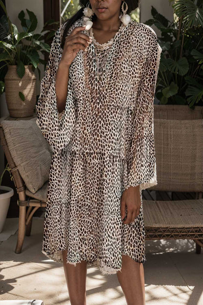 loose leopard print v neck dress drop shoulder a line closed cape paneled 105191