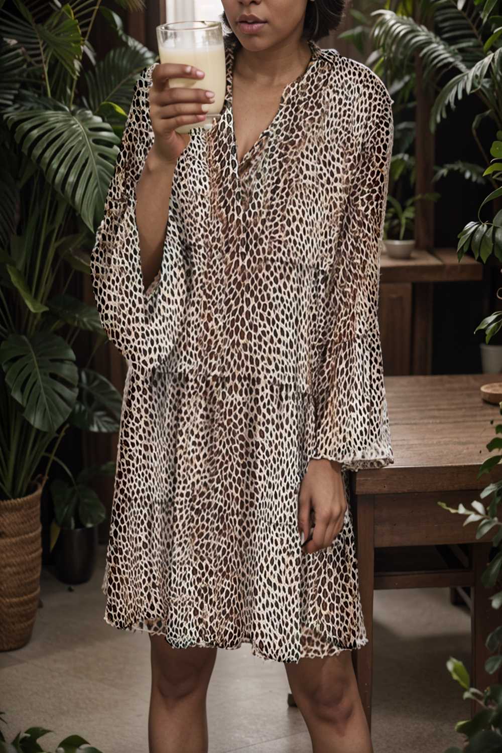 loose leopard print v neck dress drop shoulder a line closed cape paneled 132965
