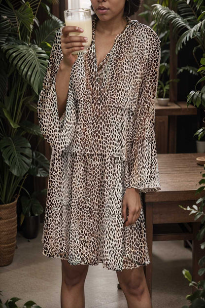 loose leopard print v neck dress drop shoulder a line closed cape paneled 132965