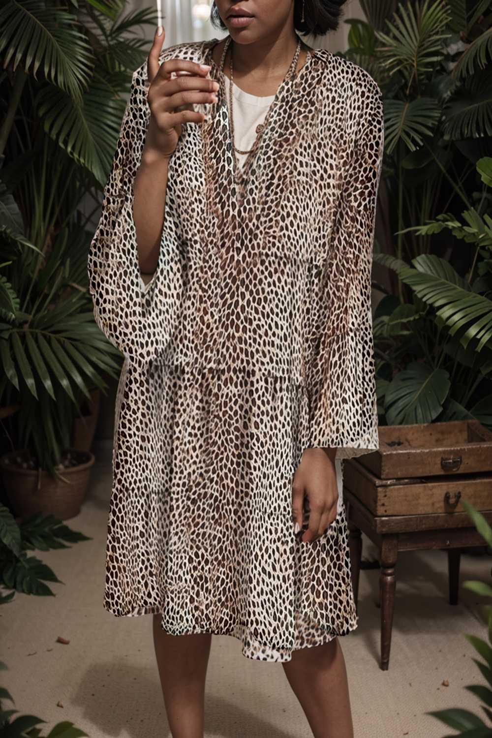 loose leopard print v neck dress drop shoulder a line closed cape paneled 132964