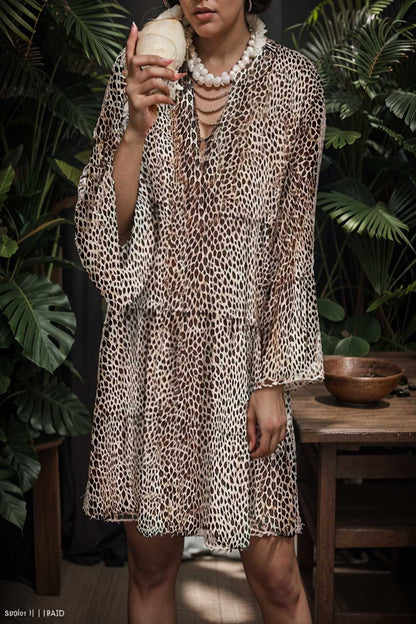 loose leopard print v neck dress drop shoulder a line closed cape paneled 126990