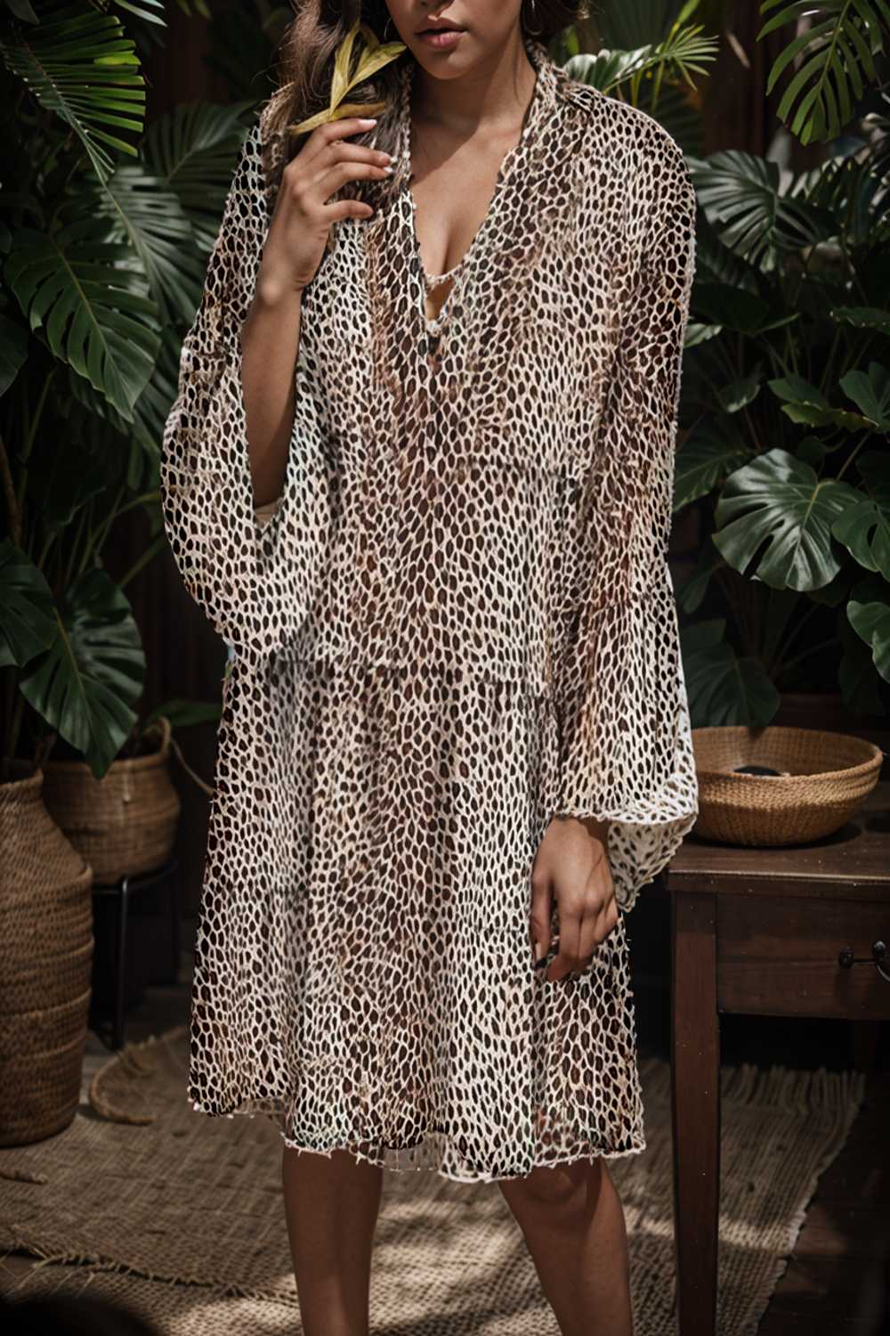 loose leopard print v neck dress drop shoulder a line closed cape paneled 110881