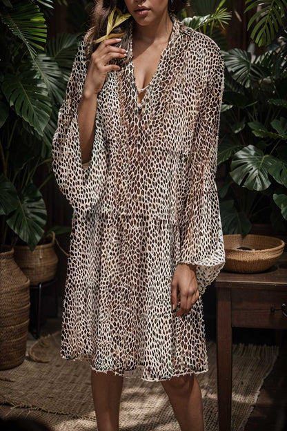 loose leopard print v neck dress drop shoulder a line closed cape paneled 110881