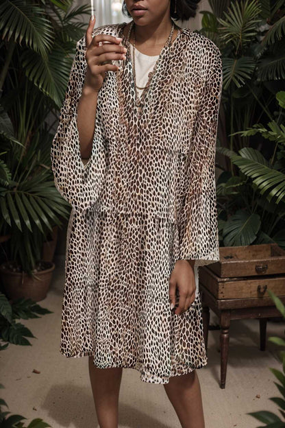 loose leopard print v neck dress drop shoulder a line closed cape paneled 105562