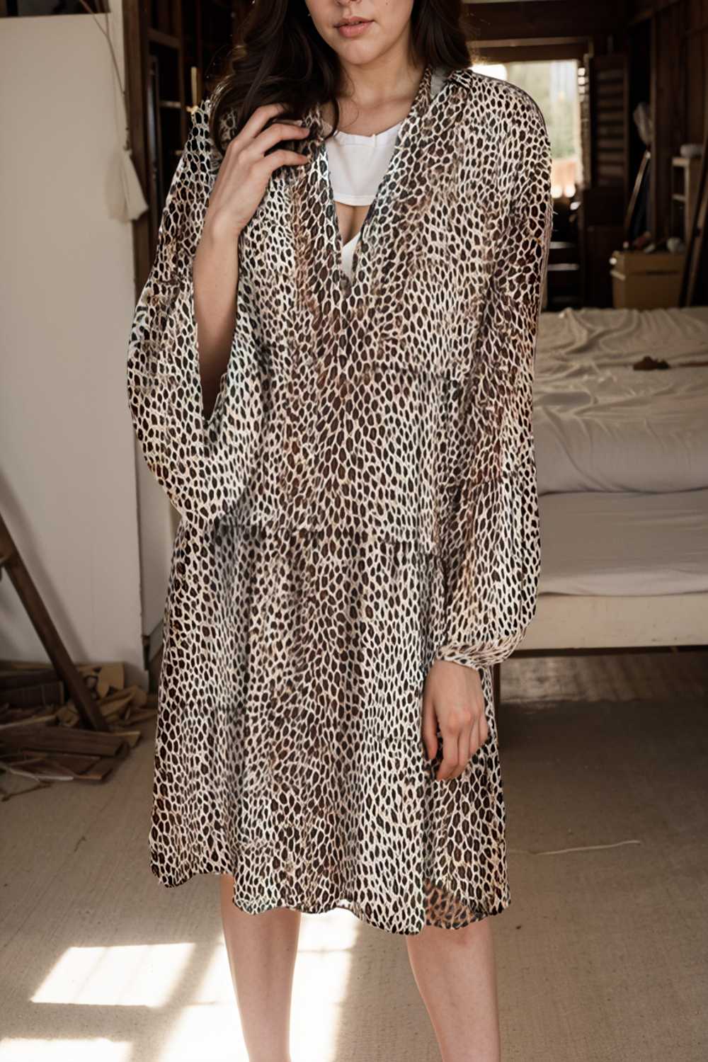 loose leopard print v neck dress drop shoulder a line closed cape paneled 105190
