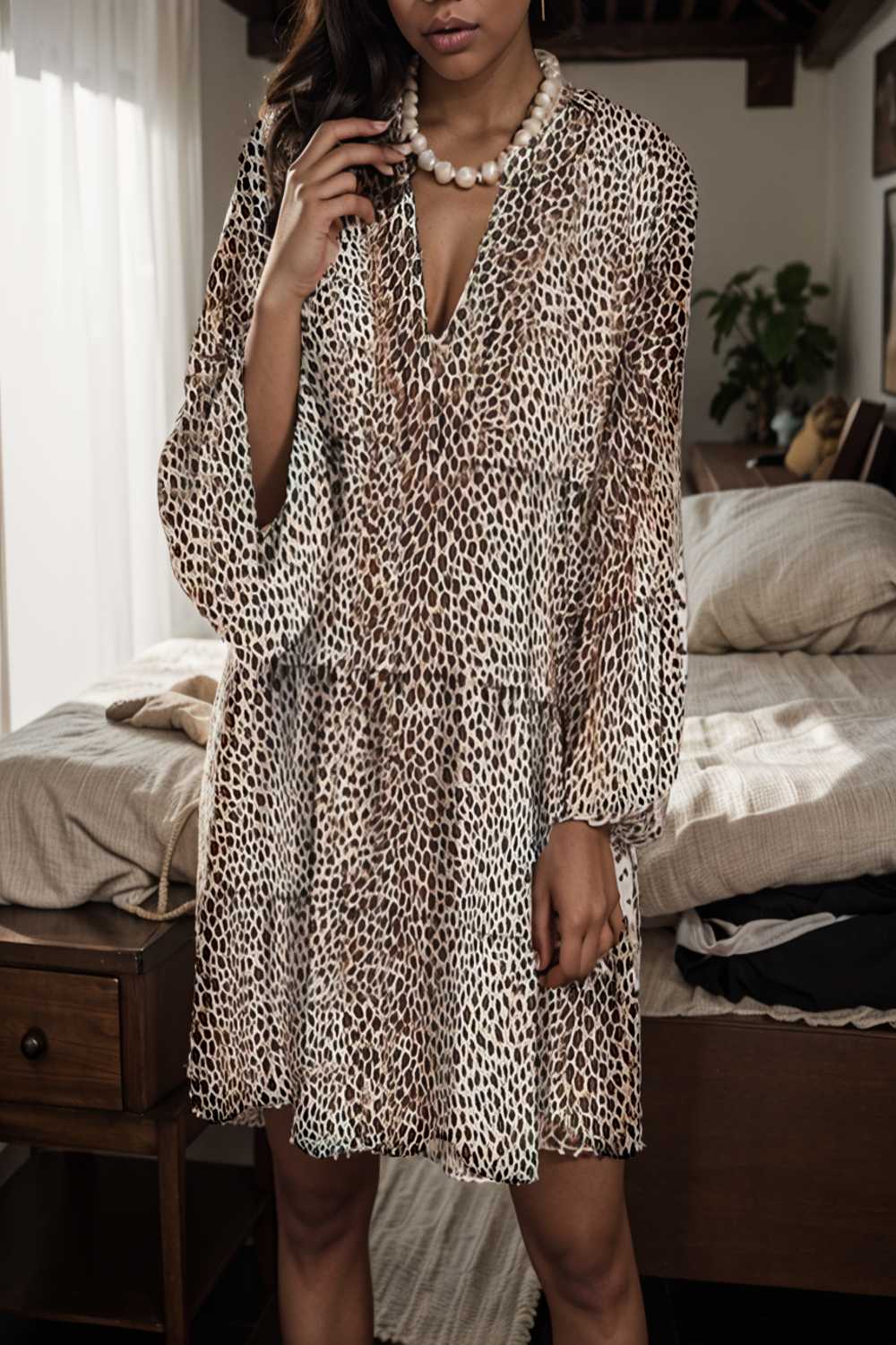 loose leopard print v neck dress drop shoulder a line closed cape paneled 147704