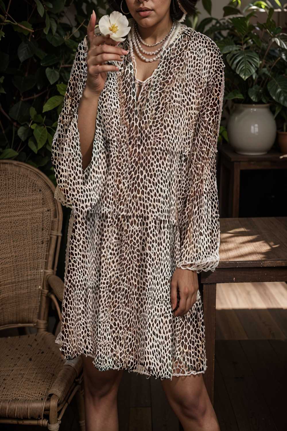 loose leopard print v neck dress drop shoulder a line closed cape paneled 105189