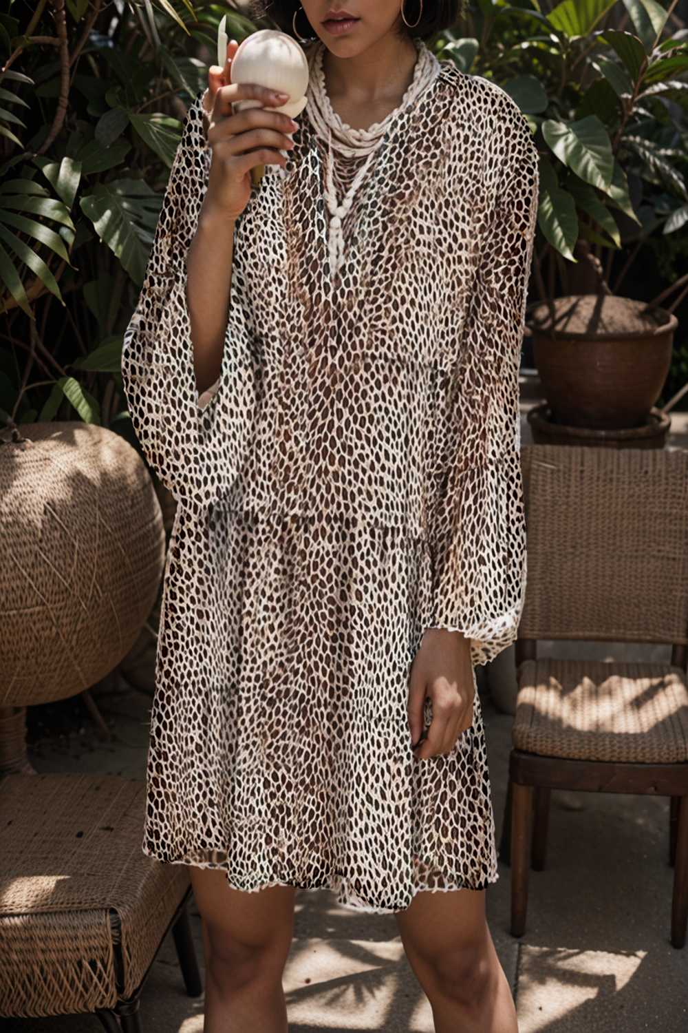 loose leopard print v neck dress drop shoulder a line closed cape paneled 135424