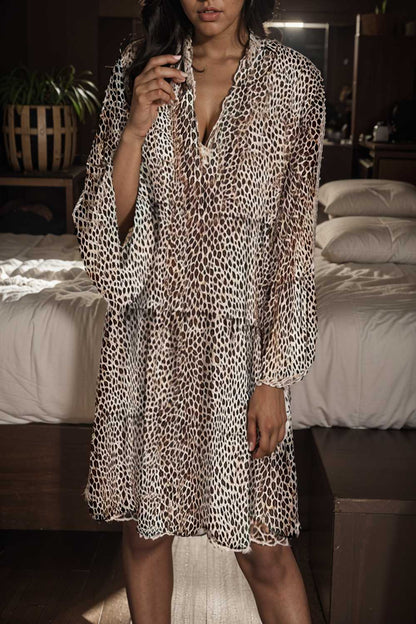loose leopard print v neck dress drop shoulder a line closed cape paneled 126988