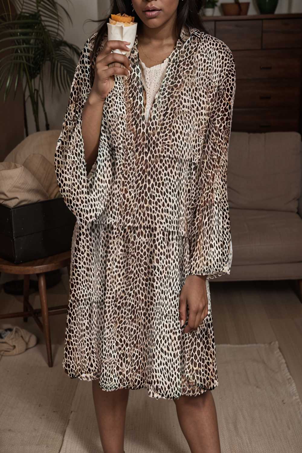 loose leopard print v neck dress drop shoulder a line closed cape paneled 132962