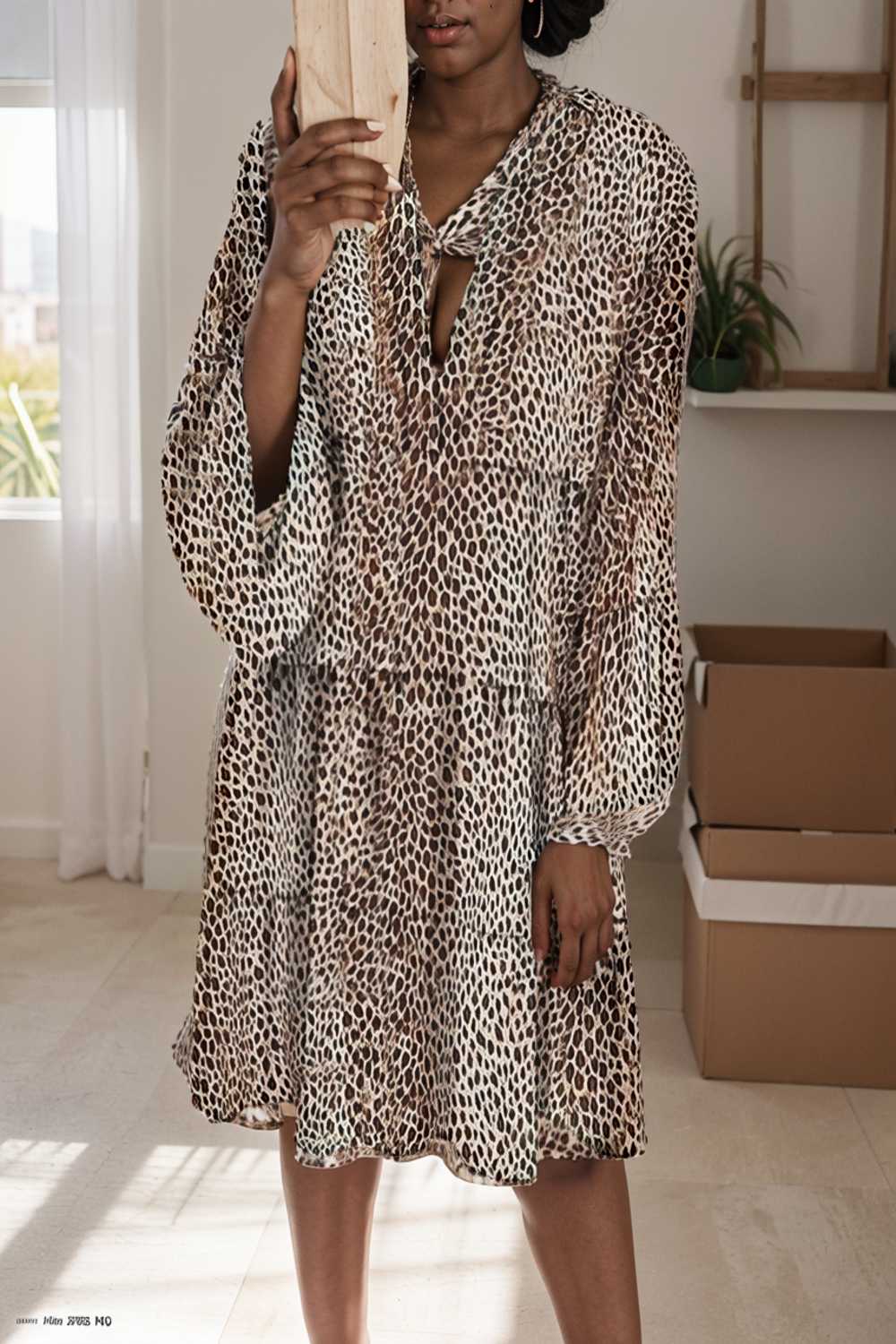 loose leopard print v neck dress drop shoulder a line closed cape paneled 105188
