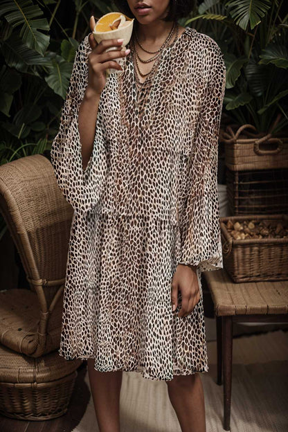 loose leopard print v neck dress drop shoulder a line closed cape paneled 129947