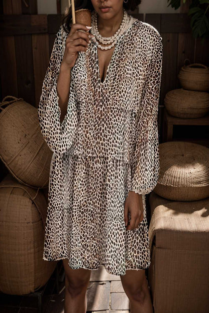 loose leopard print v neck dress drop shoulder a line closed cape paneled 105187