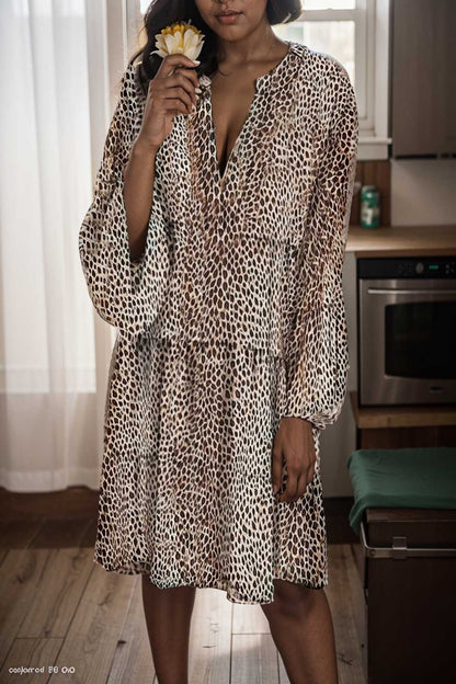 loose leopard print v neck dress drop shoulder a line closed cape paneled 126987
