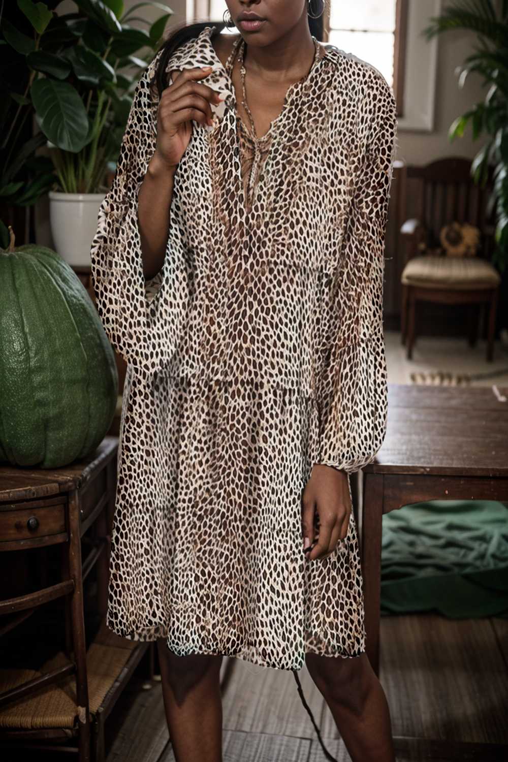 loose leopard print v neck dress drop shoulder a line closed cape paneled 132961