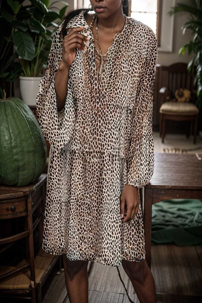 loose leopard print v neck dress drop shoulder a line closed cape paneled 132961