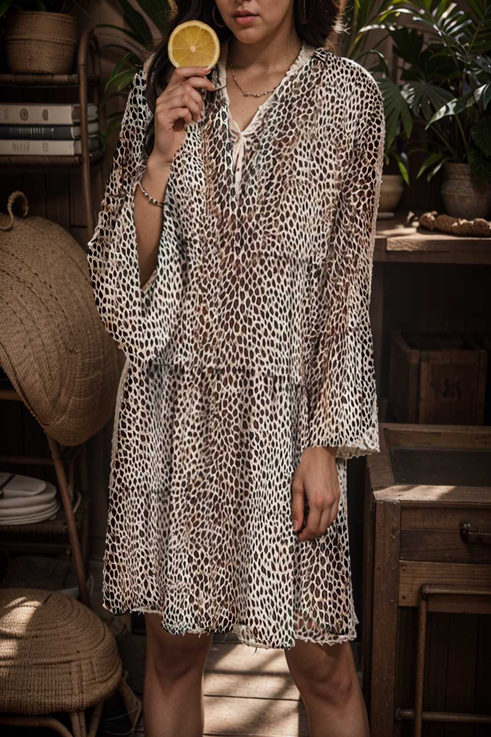 loose leopard print v neck dress drop shoulder a line closed cape paneled 105186