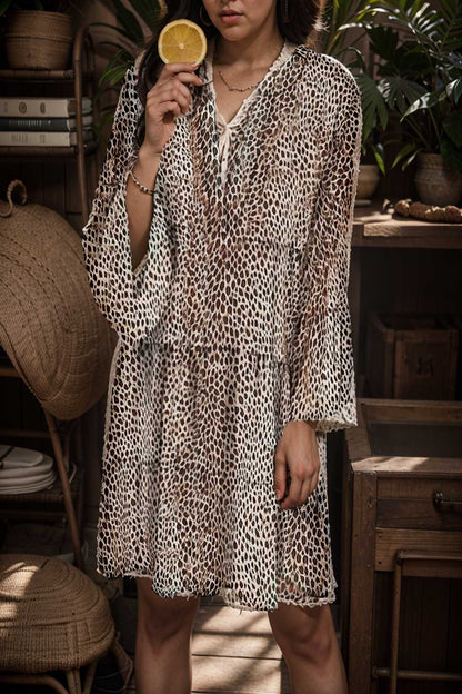 loose leopard print v neck dress drop shoulder a line closed cape paneled 105186