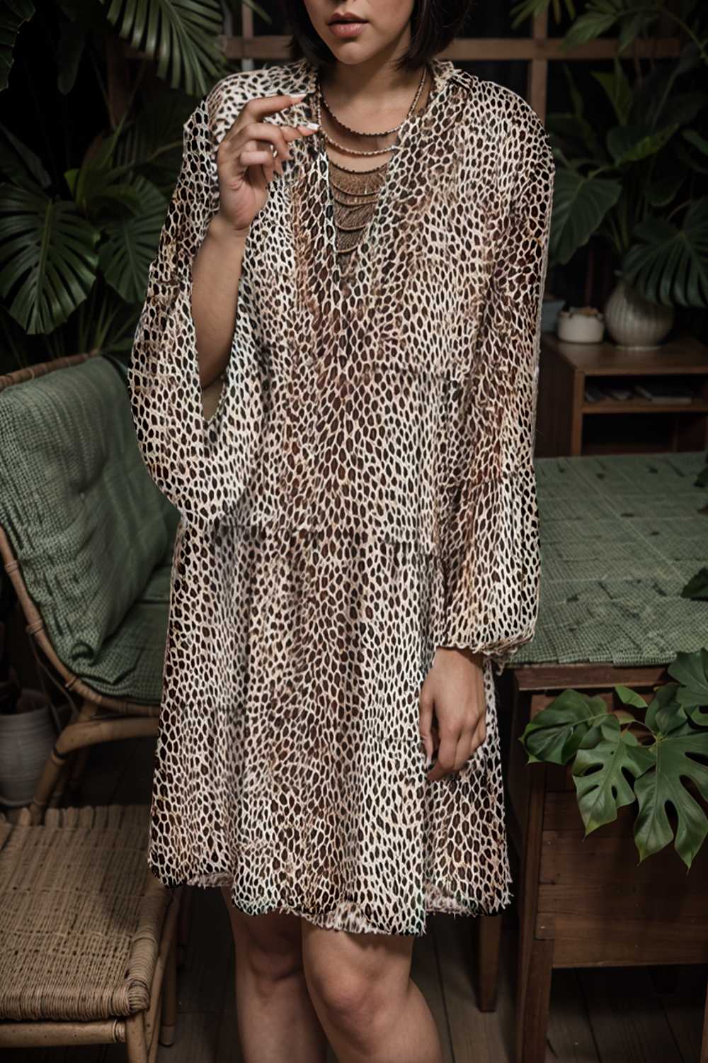 loose leopard print v neck dress drop shoulder a line closed cape paneled 132960