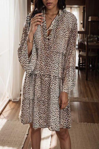 loose leopard print v neck dress drop shoulder a line closed cape paneled 116244